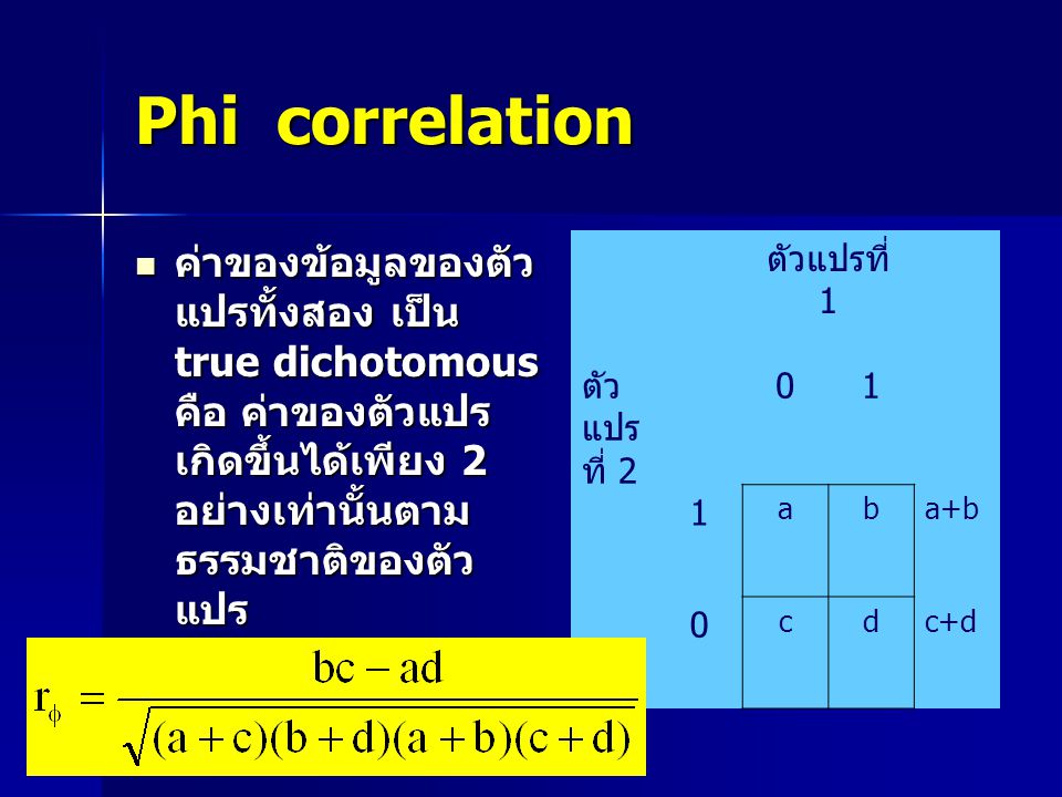 Phi correlation ค่าของข้อมูลของตัวแปรทั้งสอง เป็น true dichotomous คือ ค่าของตัวแปรเกิดขึ้นได้เพียง 2 อย่างเท่านั้นตามธรรมชาติของตัวแปร.