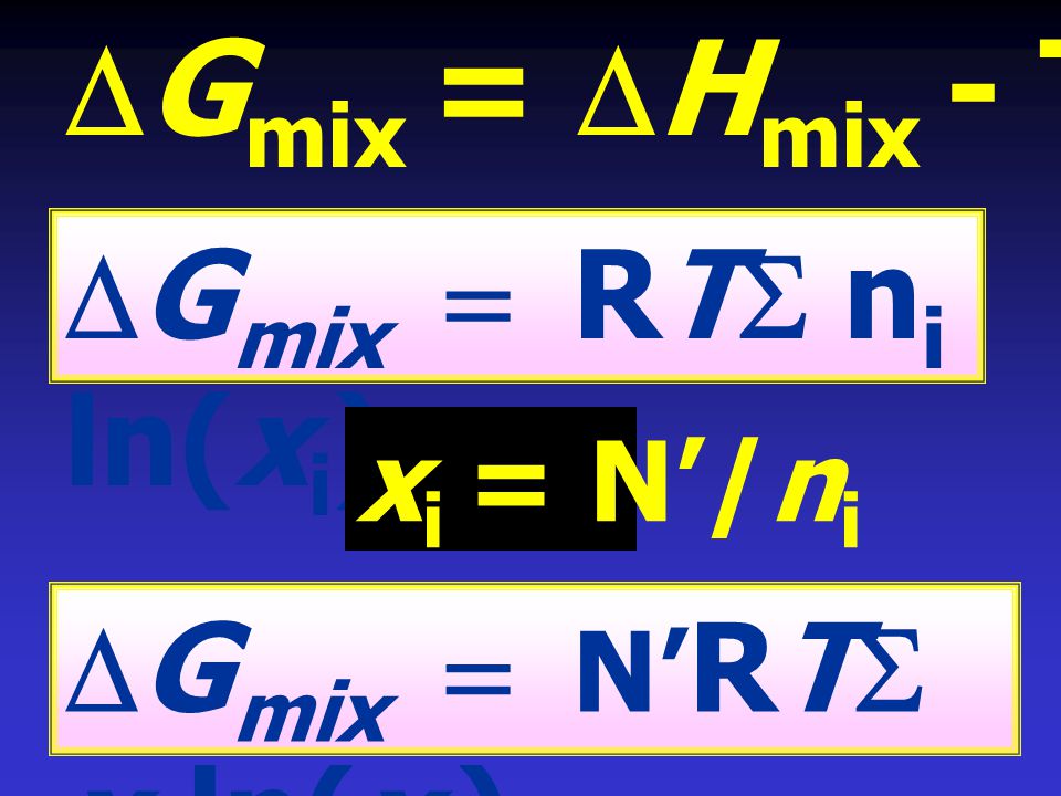 DGmix = DHmix - TDSmix DGmix = RTS ni ln(xi) DGmix = N’RTS xi ln(xi)