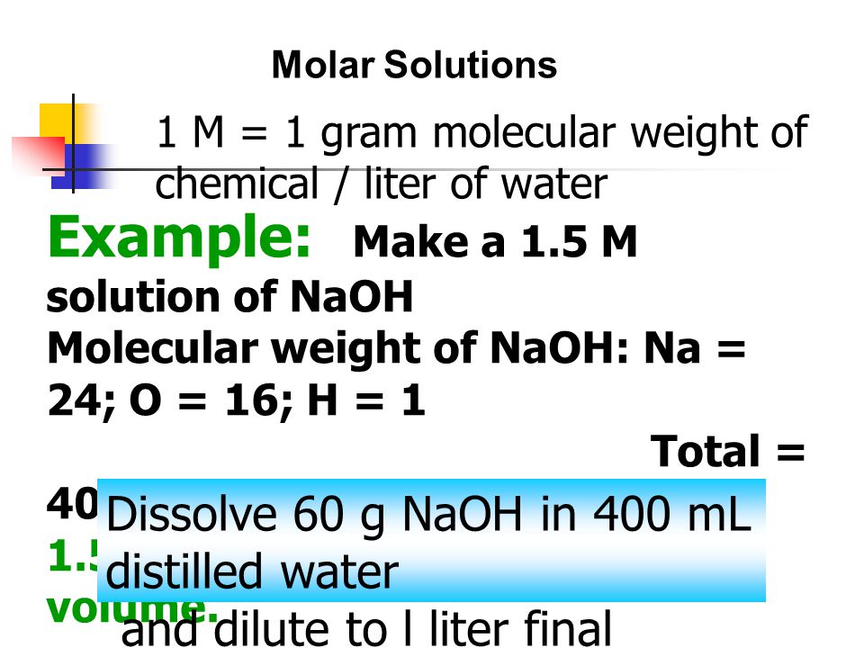 Molar Solutions 1 M = 1 gram molecular weight of chemical / liter of water.