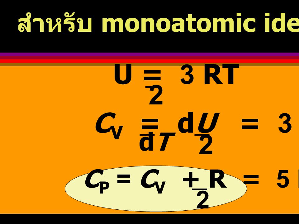 U = 3 RT 2 CV = dU = 3 R 2 สำหรับ monoatomic ideal gas ที่มี n = 1 dT