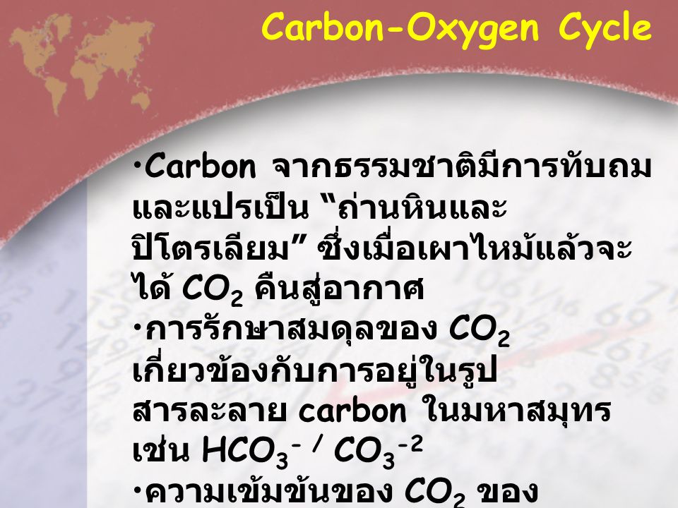 Carbon-Oxygen Cycle Carbon จากธรรมชาติมีการทับถมและแปรเป็น ถ่านหินและปิโตรเลียม ซึ่งเมื่อเผาไหม้แล้วจะได้ CO2 คืนสู่อากาศ.