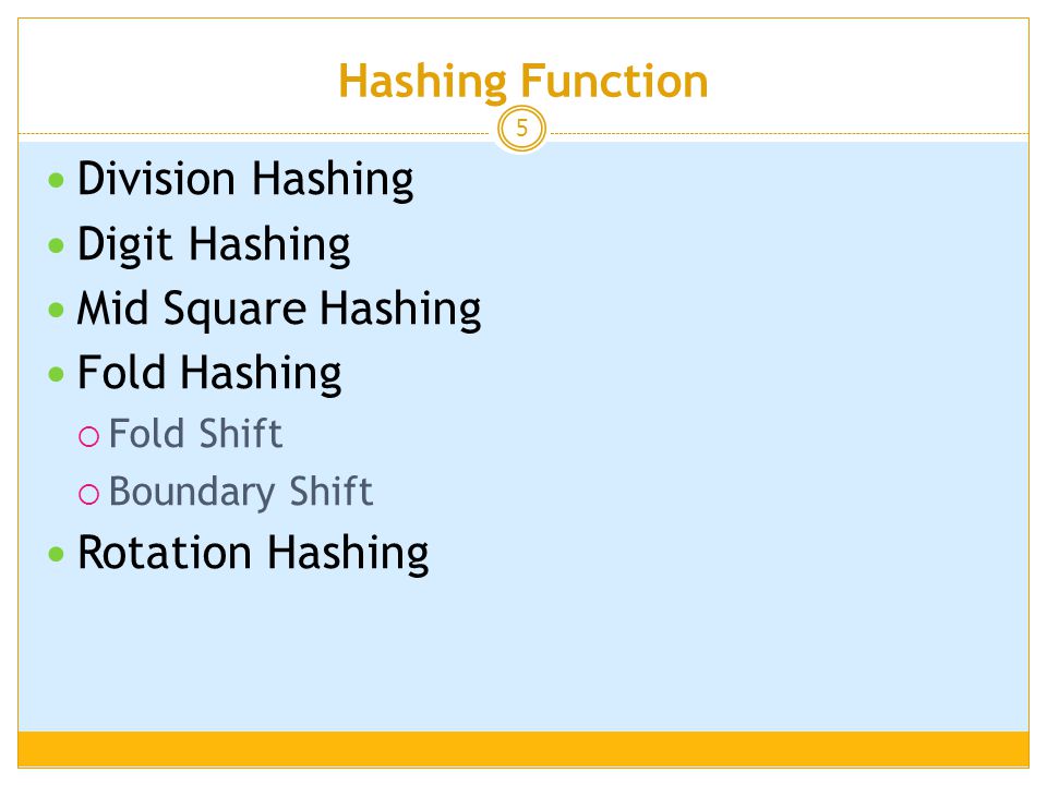 Hashing Function Division Hashing Digit Hashing Mid Square Hashing