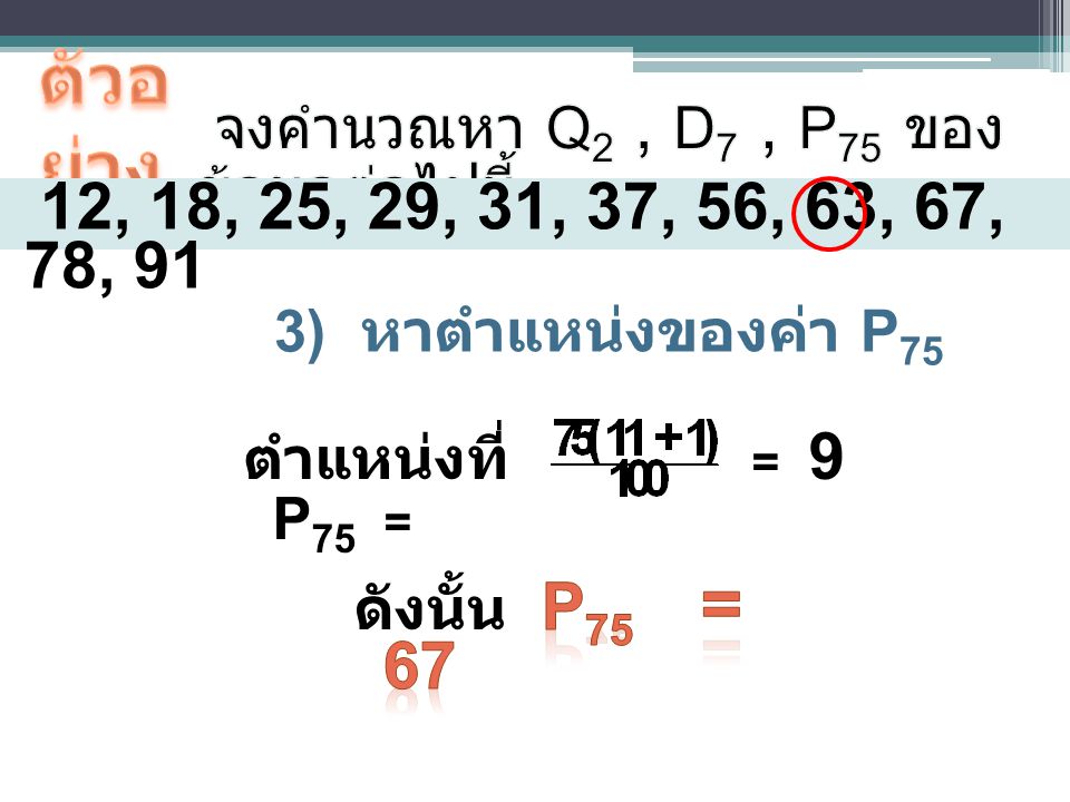 ตัวอย่าง จงคำนวณหา Q2 , D7 , P75 ของข้อมูลต่อไปนี้ 12, 18, 25, 29, 31, 37, 56, 63, 67, 78, 91. หาตำแหน่งของค่า P75.