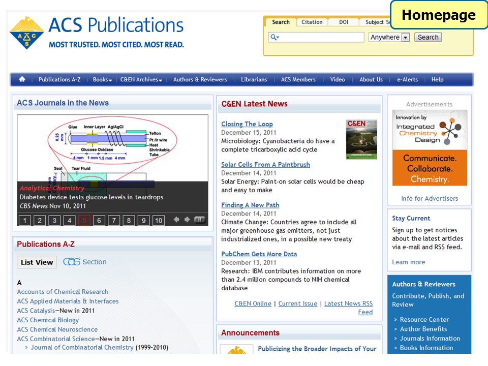 Homepage จะปรากฎหน้าจอการใช้งานของฐานข้อมูล ACS Publications