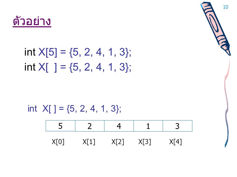 ตัวอย่าง int X[5] = {5, 2, 4, 1, 3}; int X[ ] = {5, 2, 4, 1, 3};