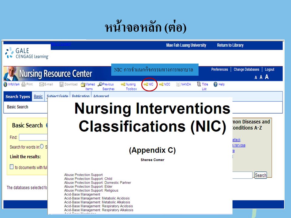 หน้าจอหลัก (ต่อ) NIC การจำแนกกิจกรรมทางการพยาบาล