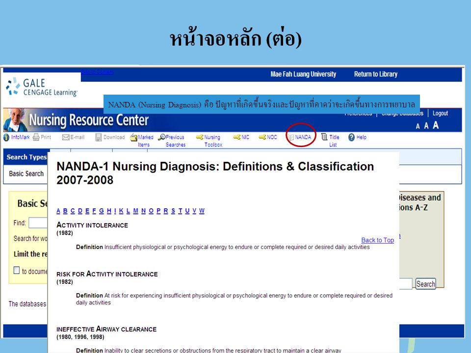 หน้าจอหลัก (ต่อ) NANDA (Nursing Diagnosis) คือ ปัญหาที่เกิดขึ้นจริงและปัญหาที่คาดว่าจะเกิดขึ้นทางการพยาบาล.