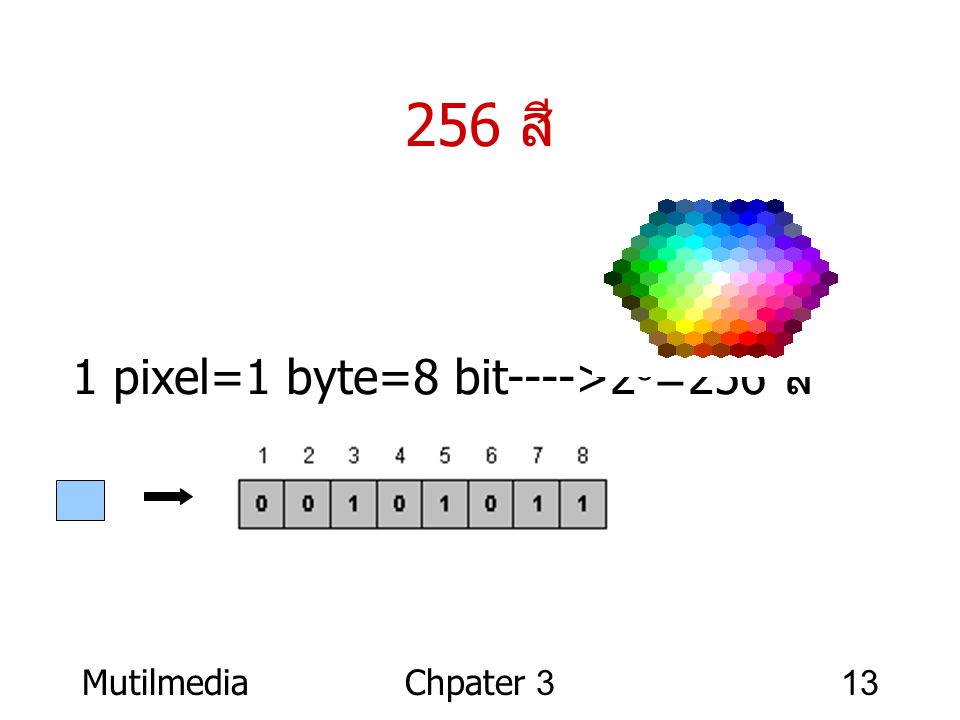 256 สี 1 pixel=1 byte=8 bit---->28=256 สี Mutilmedia Chpater 3