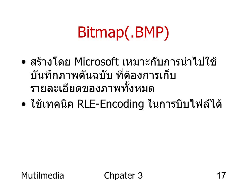 Bitmap(.BMP) สร้างโดย Microsoft เหมาะกับการนำไปใช้บันทึกภาพตันฉบับ ที่ต้องการเก็บรายละเอียดของภาพทั้งหมด.