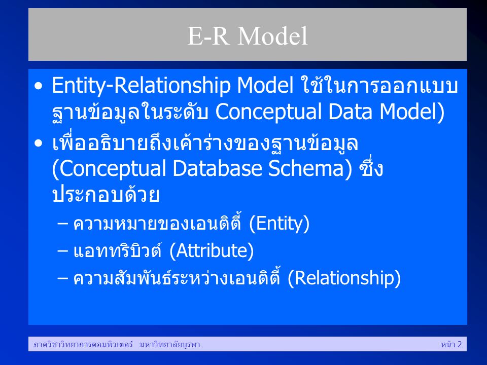 E-R Model Entity-Relationship Model ใช้ในการออกแบบฐานข้อมูลในระดับ Conceptual Data Model)