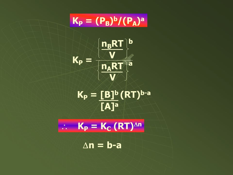 KP = (PB)b/(PA)a nBRT V KP = nART KP = [B]b (RT)b-a [A]a