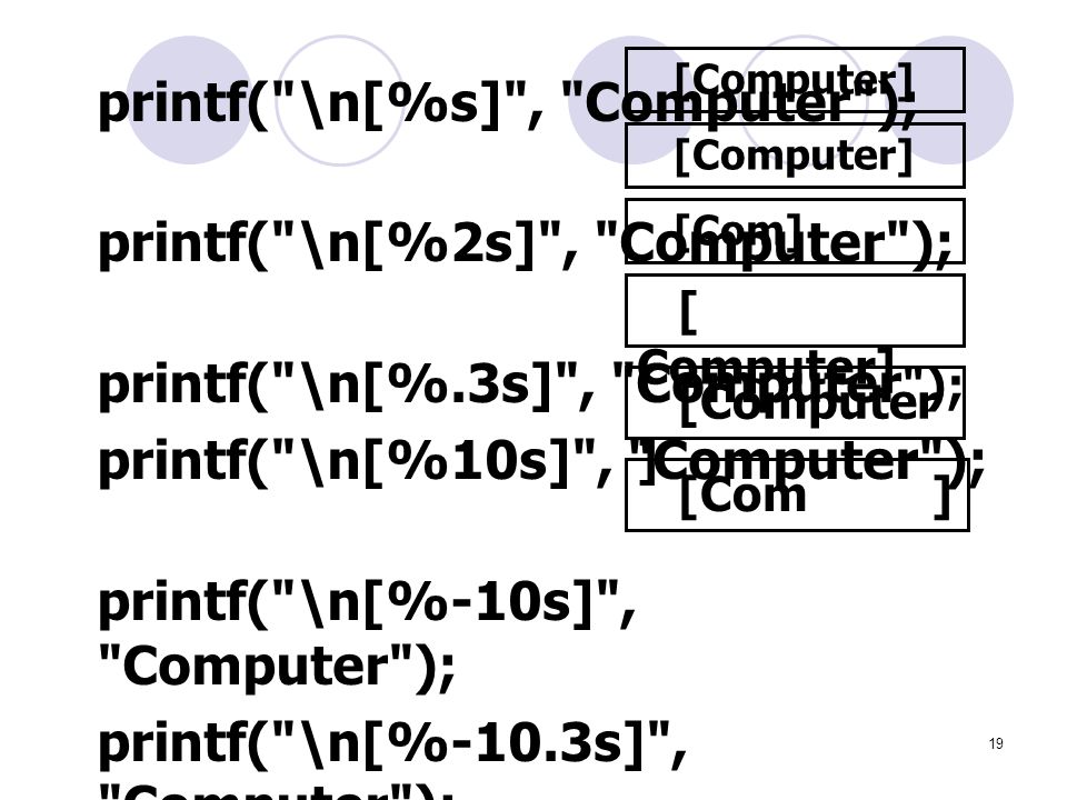 printf( \n[%2s] , Computer ); printf( \n[%.3s] , Computer );