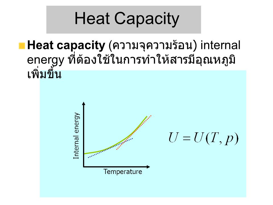 Heat Capacity Heat capacity (ความจุความร้อน) internal energy ที่ต้องใช้ในการทำให้สารมีอุณหภูมิเพิ่มขึ้น.