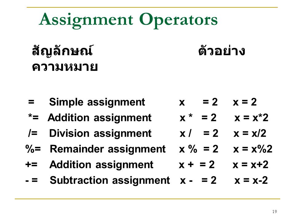 Assignment Operators = Simple assignment x = 2 x = 2