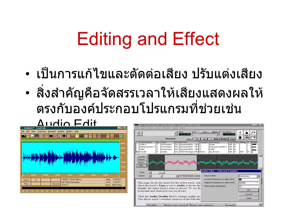 Editing and Effect เป็นการแก้ไขและตัดต่อเสียง ปรับแต่งเสียง