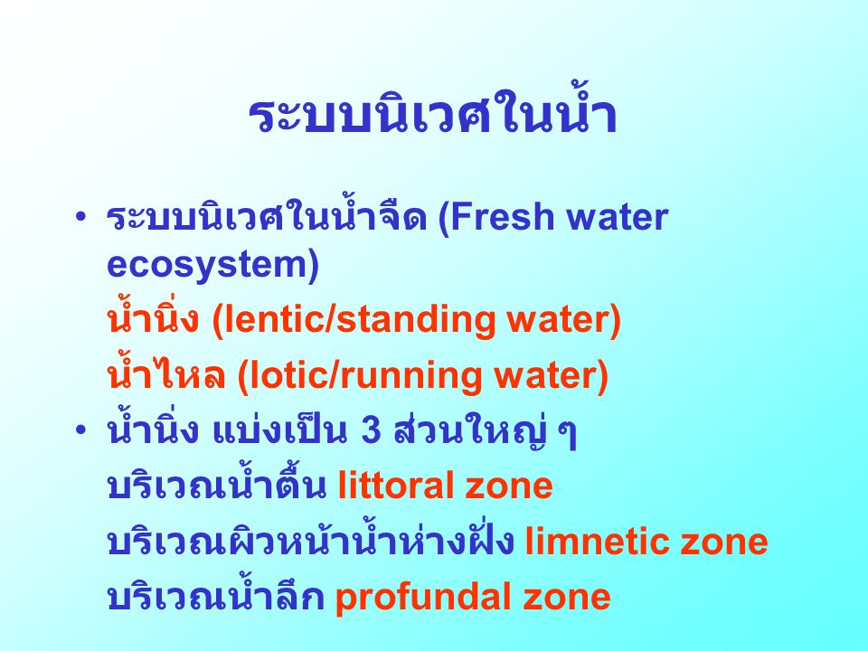 ระบบนิเวศในน้ำ ระบบนิเวศในน้ำจืด (Fresh water ecosystem)