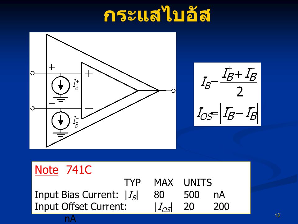 กระแสไบอัส Note 741C TYP MAX UNITS Input Bias Current: |IB| nA