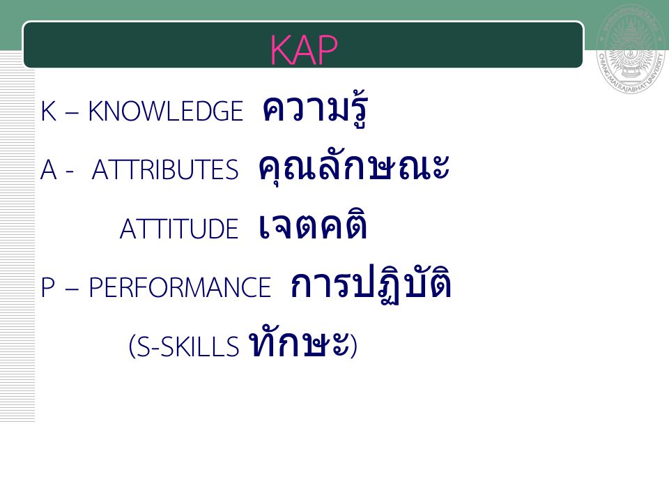 KAP K – KNOWLEDGE ความรู้ A - ATTRIBUTES คุณลักษณะ ATTITUDE เจตคติ
