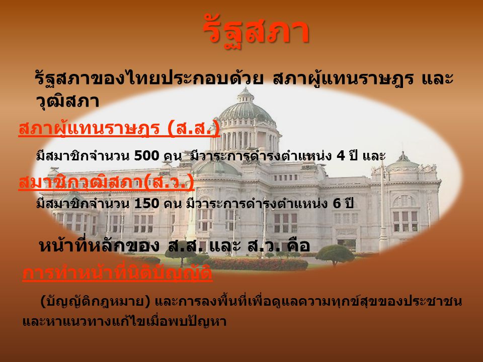 รัฐสภา รัฐสภาของไทยประกอบด้วย สภาผู้แทนราษฎร และวุฒิสภา