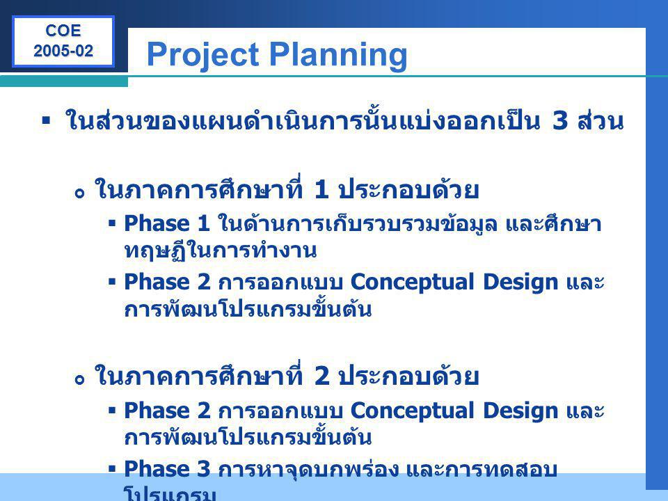 Project Planning ในส่วนของแผนดำเนินการนั้นแบ่งออกเป็น 3 ส่วน
