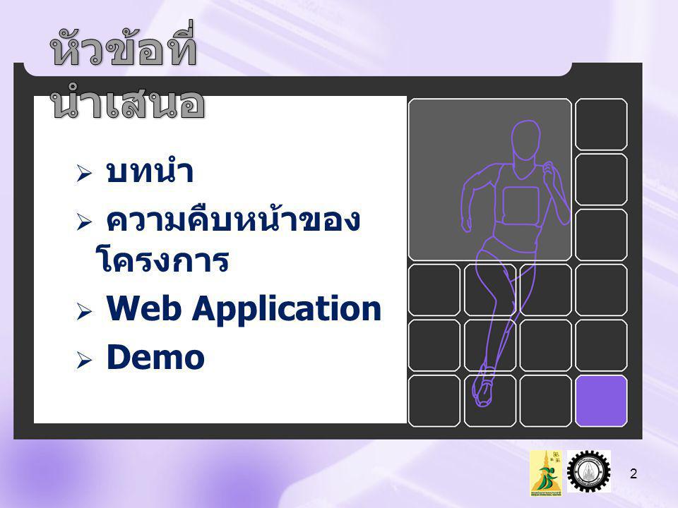 หัวข้อที่นำเสนอ บทนำ ความคืบหน้าของโครงการ Web Application Demo