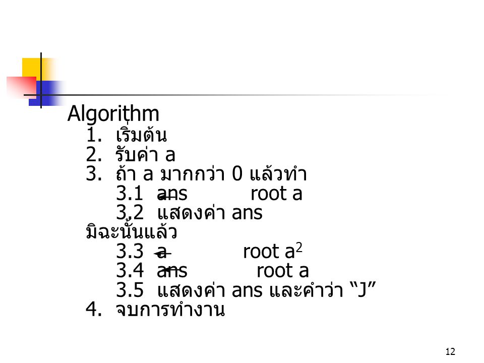 Algorithm 1. เริ่มต้น 2. รับค่า a 3. ถ้า a มากกว่า 0 แล้วทำ