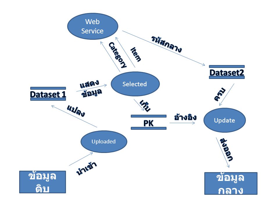 ข้อมูลดิบ ข้อมูลกลาง Dataset2 Dataset 1 PK Web Service รหัสกลาง