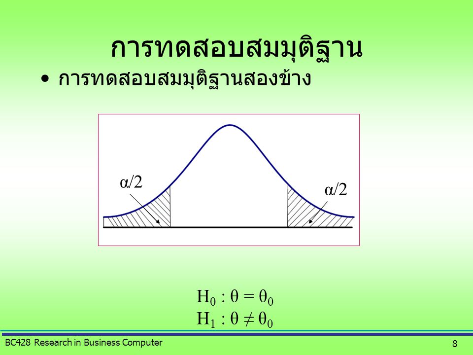 การทดสอบสมมุติฐาน การทดสอบสมมุติฐานสองข้าง α/2 H0 : θ = θ0 H1 : θ ≠ θ0