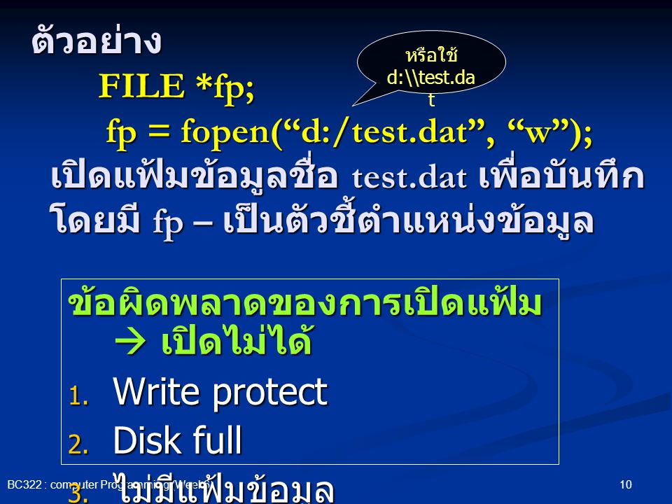 ข้อผิดพลาดของการเปิดแฟ้ม  เปิดไม่ได้ Write protect Disk full