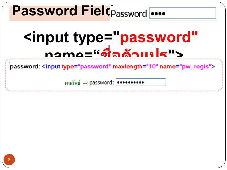<input type= password name= ชื่อตัว แปร >