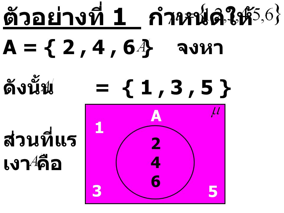 ตัวอย่างที่ 1 กำหนดให้ A = { 2 , 4 , 6 } จงหา ดังนั้น = { 1 , 3 , 5 }