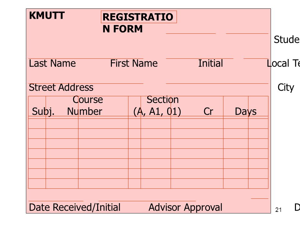 KMUTT Student Number Semester/Year. Last Name First Name Initial Local Telephone Number Date.