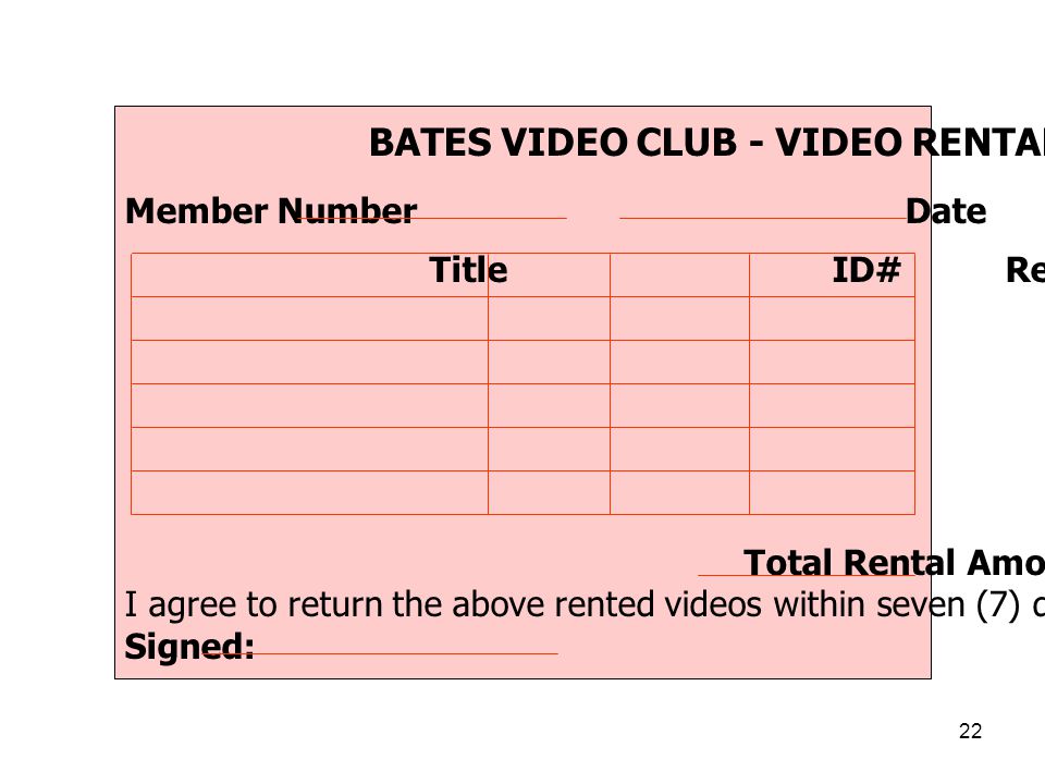 BATES VIDEO CLUB - VIDEO RENTAL FORM
