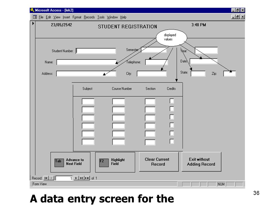 A data entry screen for the student registration form