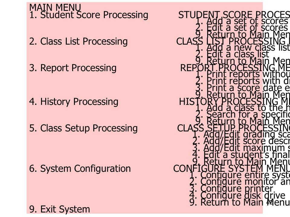 MAIN MENU 1. Student Score Processing STUDENT SCORE PROCESSING MENU. 1. Add a set of scores.