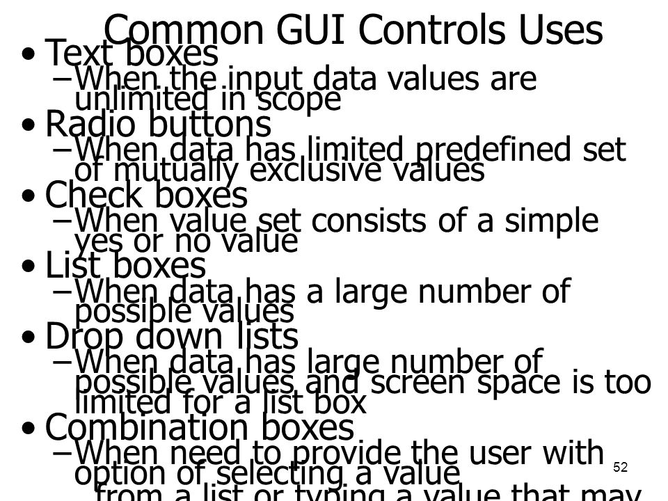 Common GUI Controls Uses