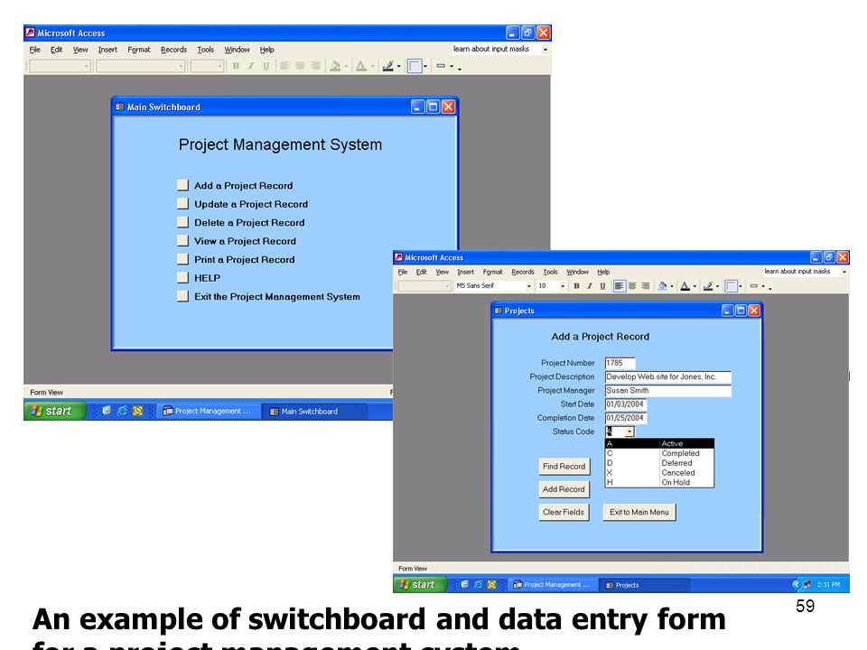 An example of switchboard and data entry form for a project management system