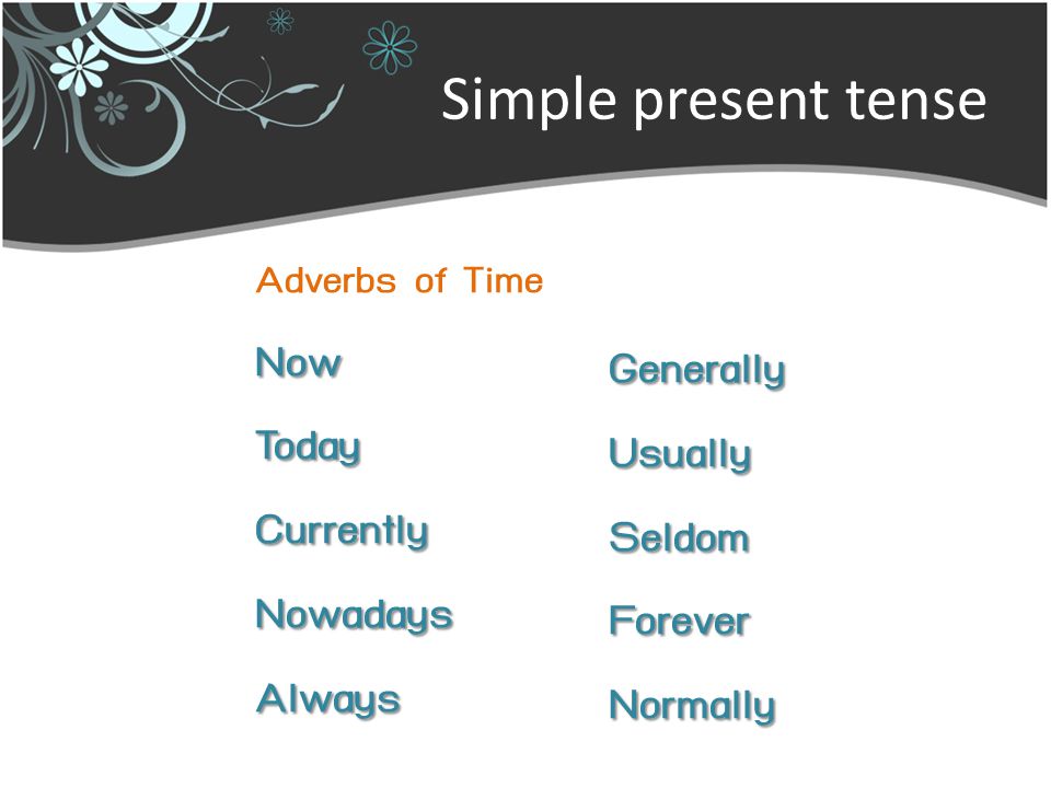 Simple present tense Now Generally Today Usually Currently Seldom