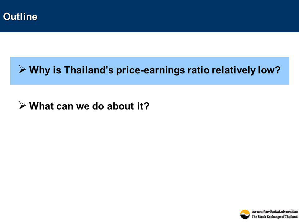 Outline Why is Thailand’s price-earnings ratio relatively low What can we do about it
