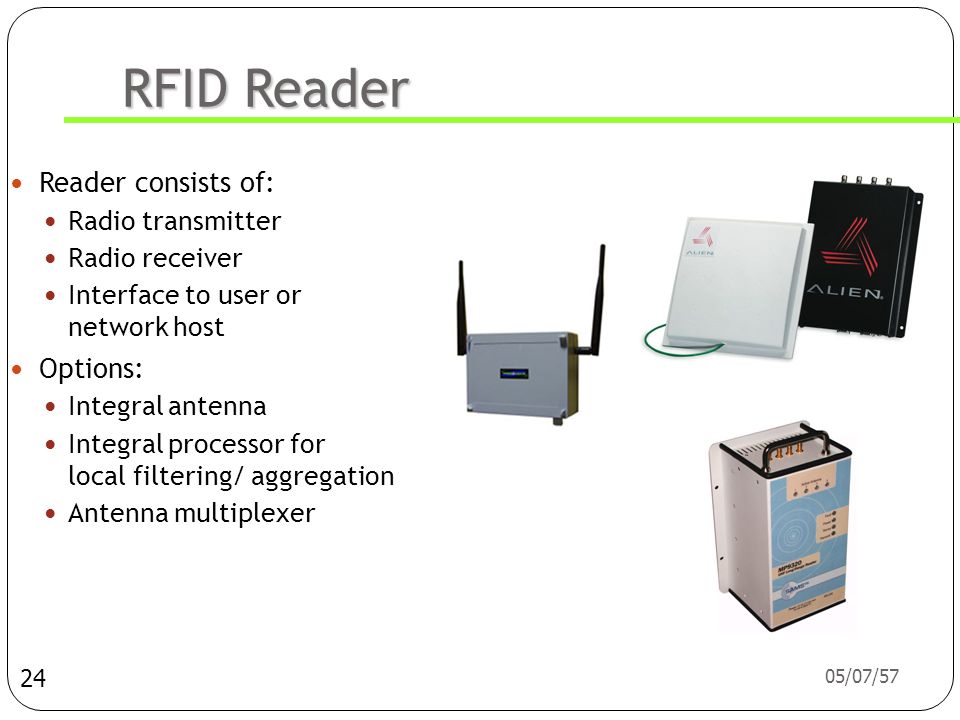 RFID Reader Reader consists of: Options: Radio transmitter