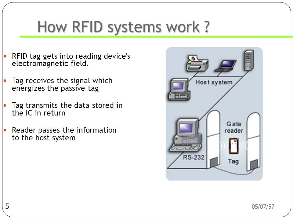 How RFID systems work RFID tag gets into reading device s electromagnetic field. Tag receives the signal which energizes the passive tag.