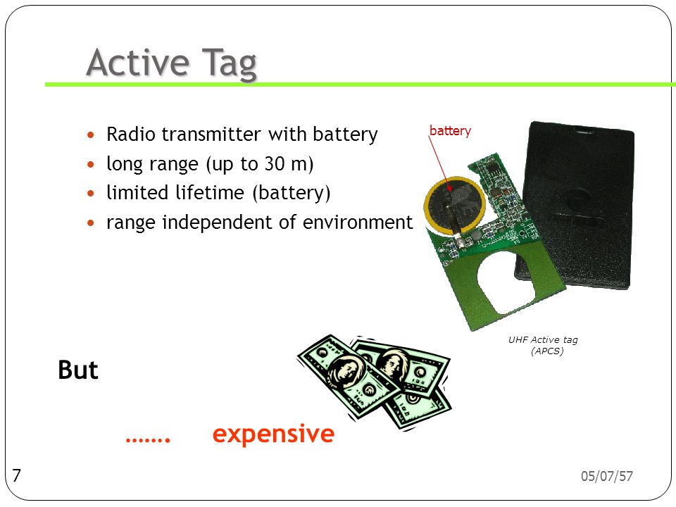 Active Tag But ……. expensive Radio transmitter with battery