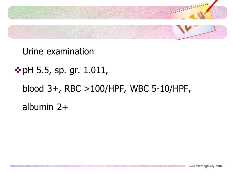 blood 3+, RBC >100/HPF, WBC 5-10/HPF, albumin 2+