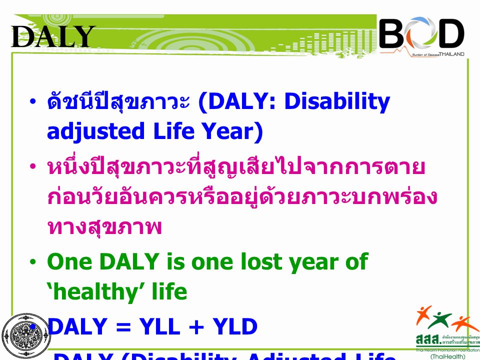 DALY ดัชนีปีสุขภาวะ (DALY: Disability adjusted Life Year)