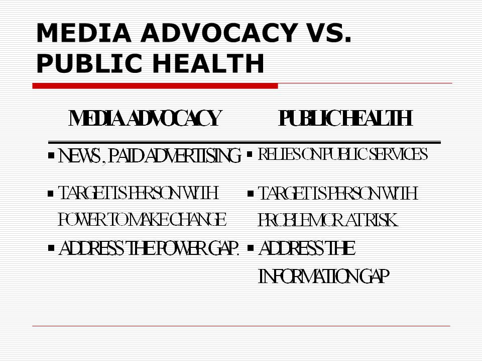 MEDIA ADVOCACY VS. PUBLIC HEALTH