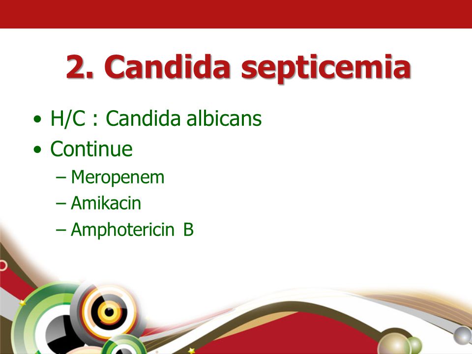 2. Candida septicemia H/C : Candida albicans Continue Meropenem