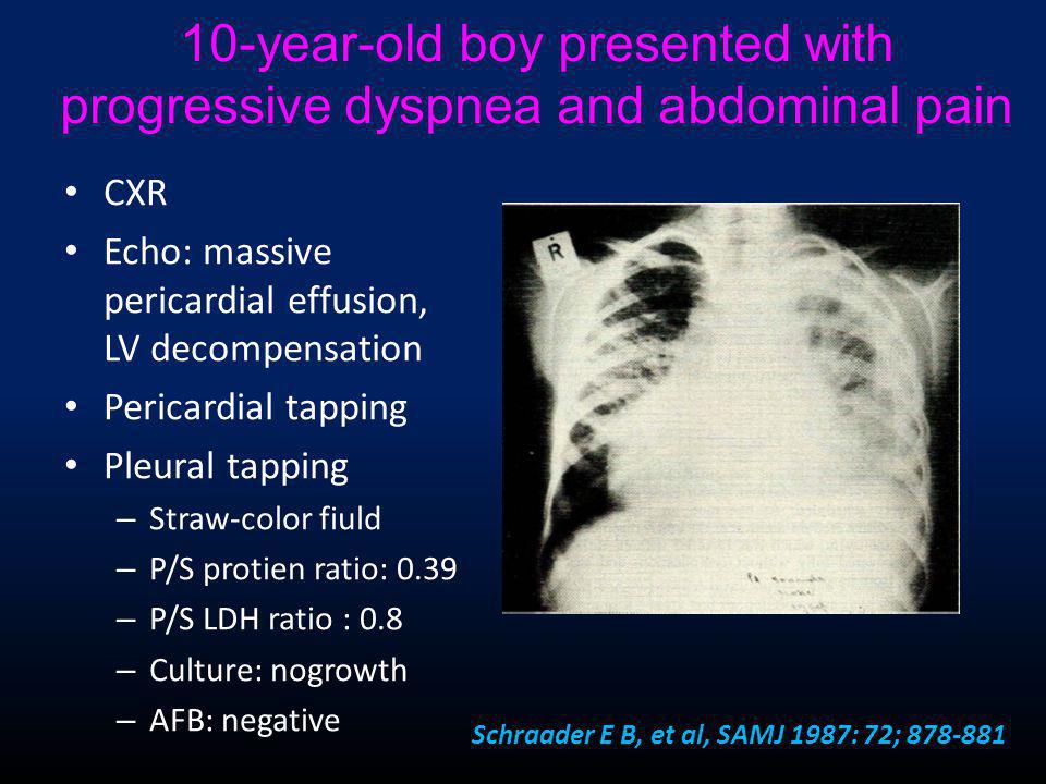 10-year-old boy presented with progressive dyspnea and abdominal pain