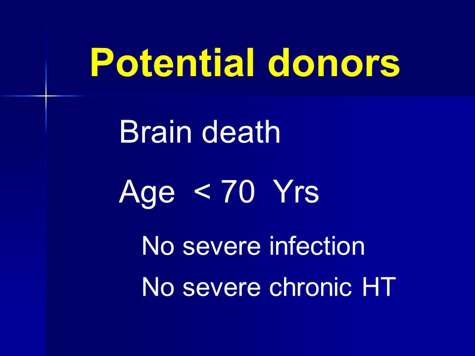 Potential donors Brain death Age < 70 Yrs No severe infection