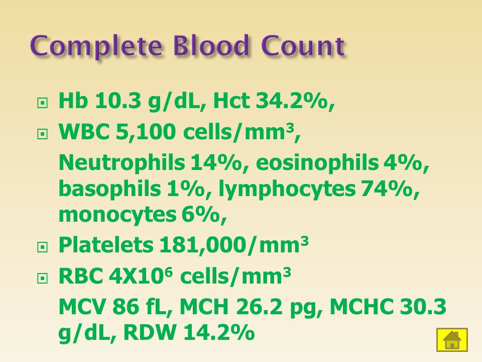 Complete Blood Count Hb 10.3 g/dL, Hct 34.2%, WBC 5,100 cells/mm3,