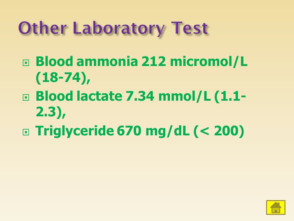 Other Laboratory Test Blood ammonia 212 micromol/L (18-74),